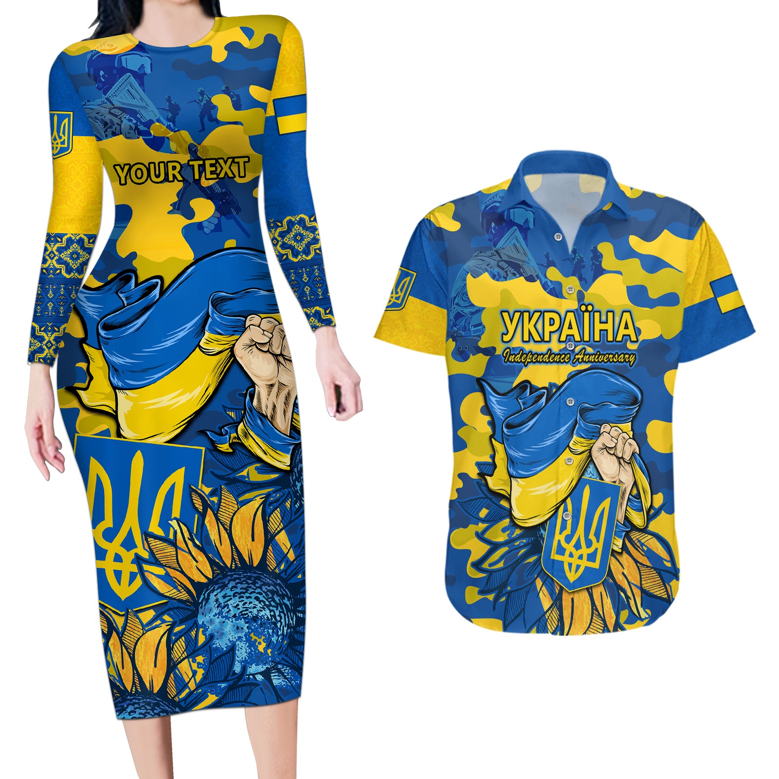 Personalised Ukraine Couples Matching Long Sleeve Bodycon Dress and Hawaiian Shirt Glory To Ukraine 32nd Independence Anniversary LT9 - Wonder Print Shop