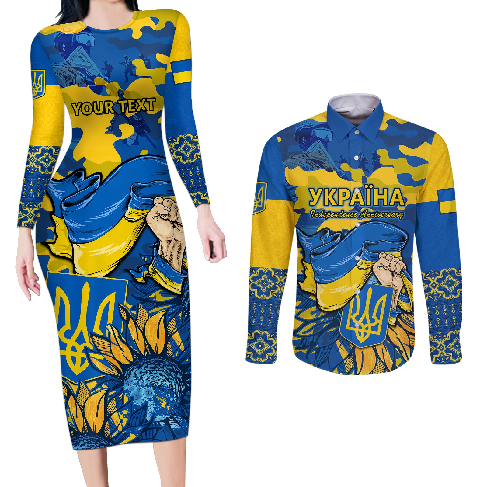 Personalised Ukraine Couples Matching Long Sleeve Bodycon Dress and Long Sleeve Button Shirts Glory To Ukraine 32nd Independence Anniversary LT9 - Wonder Print Shop