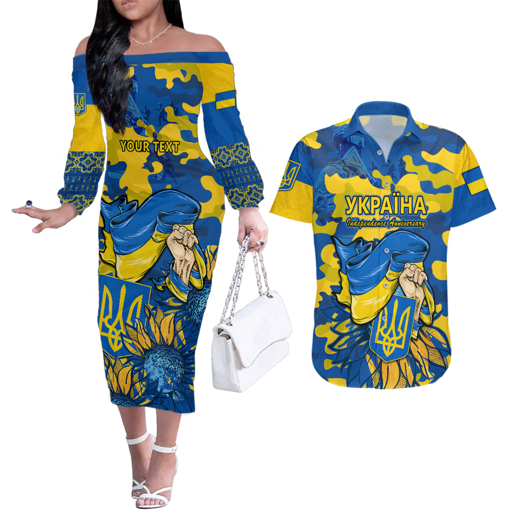 Personalised Ukraine Couples Matching Off The Shoulder Long Sleeve Dress and Hawaiian Shirt Glory To Ukraine 32nd Independence Anniversary LT9 - Wonder Print Shop