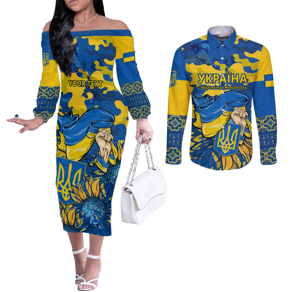 personalised-ukraine-couples-matching-off-the-shoulder-long-sleeve-dress-and-long-sleeve-button-shirts-glory-to-ukraine-32nd-independence-anniversary