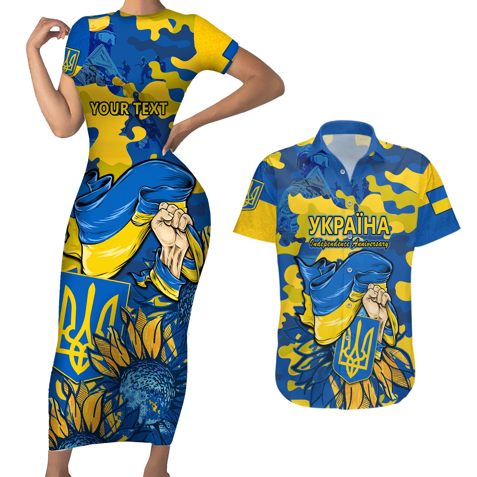 Personalised Ukraine Couples Matching Short Sleeve Bodycon Dress and Hawaiian Shirt Glory To Ukraine 32nd Independence Anniversary LT9 - Wonder Print Shop