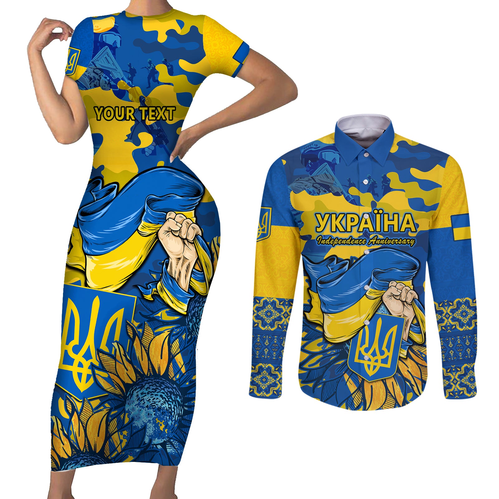 Personalised Ukraine Couples Matching Short Sleeve Bodycon Dress and Long Sleeve Button Shirts Glory To Ukraine 32nd Independence Anniversary LT9 - Wonder Print Shop