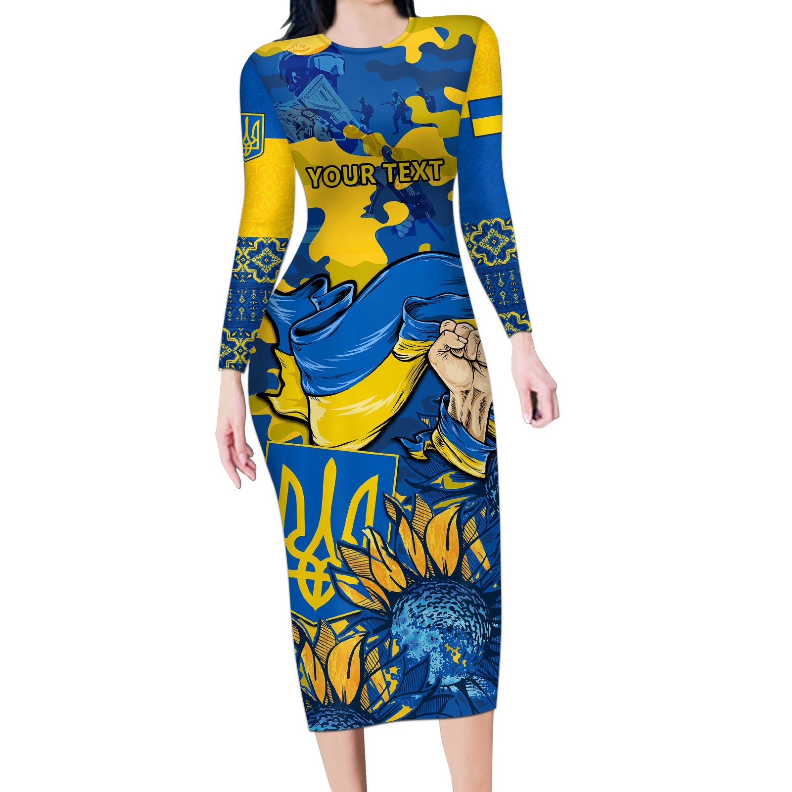 Personalised Ukraine Long Sleeve Bodycon Dress Glory To Ukraine 32nd Independence Anniversary - Wonder Print Shop