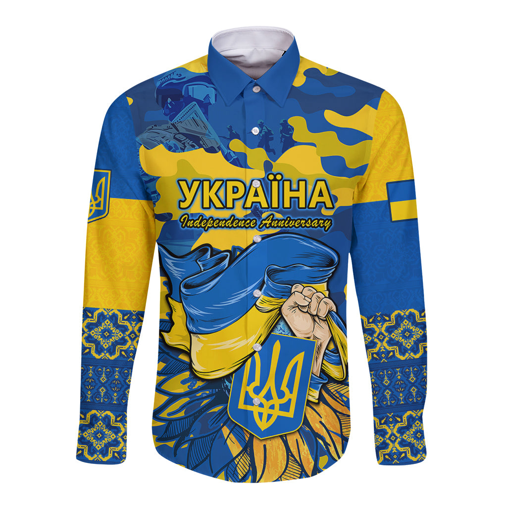 Unisex long-sleeve button shirt in blue and yellow with front patriotic graphic print