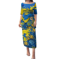 Blue and gold off-shoulder long dress with Ukraine trident print