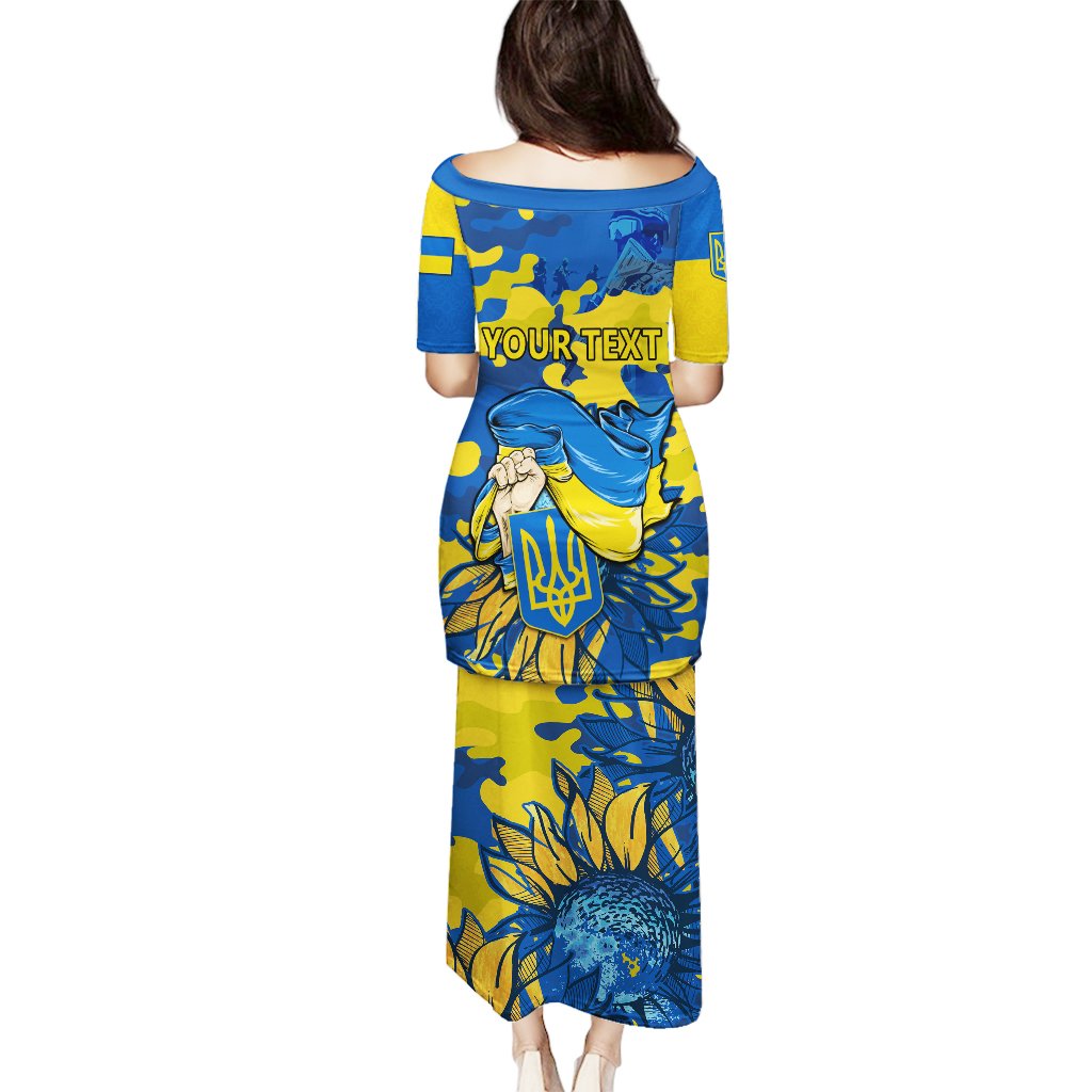 Personalized long dress, blue and yellow, graphic crest and “YOURTEXT” on back