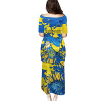 Personalized long dress, blue and yellow, graphic crest and “YOURTEXT” on back