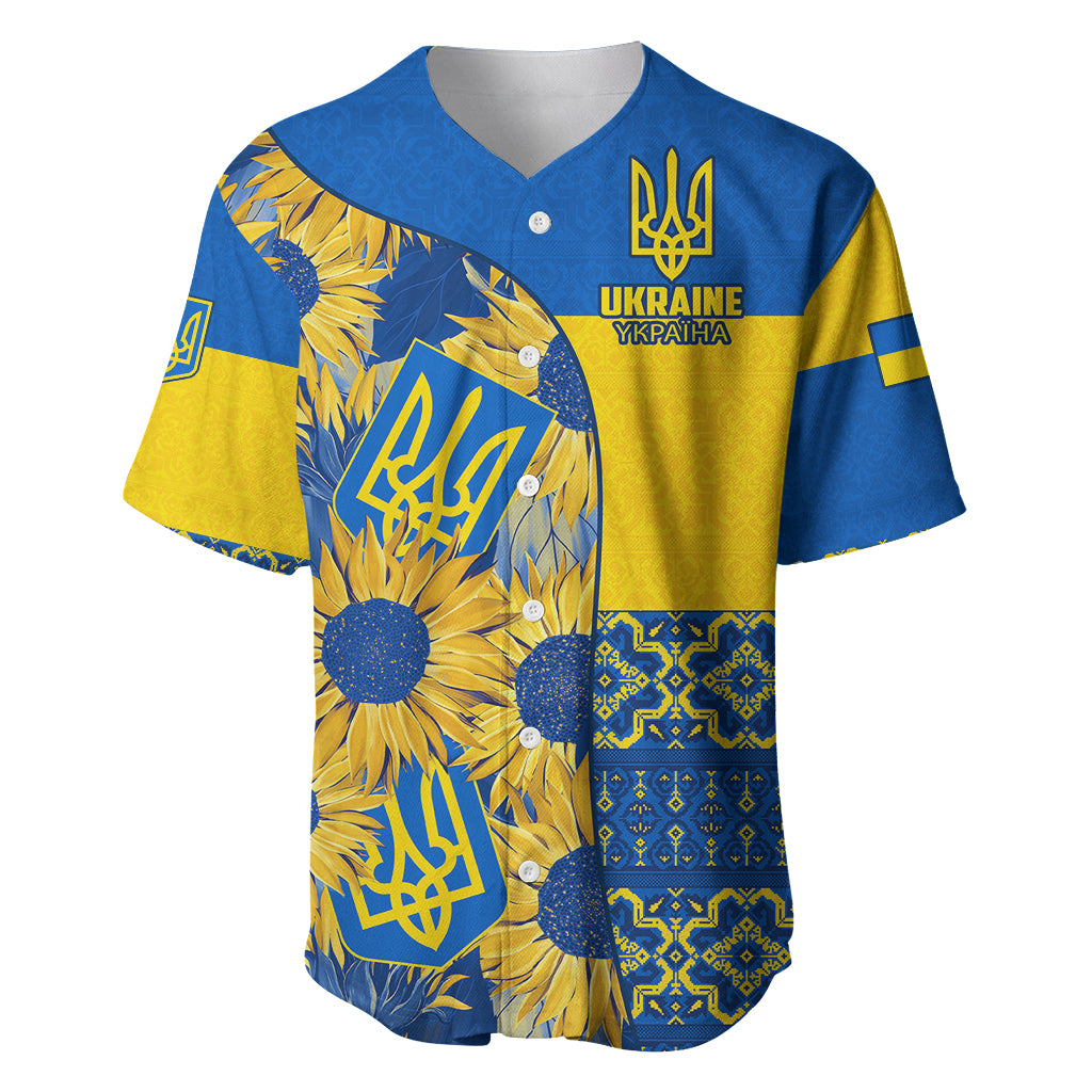 Blue & gold baseball jersey with sunflowers and Ukraine trident crest