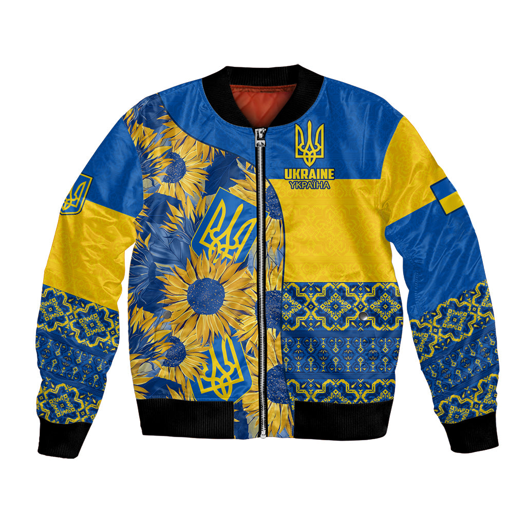 Unisex blue and yellow bomber jacket with full zip and sunflower crest graphics