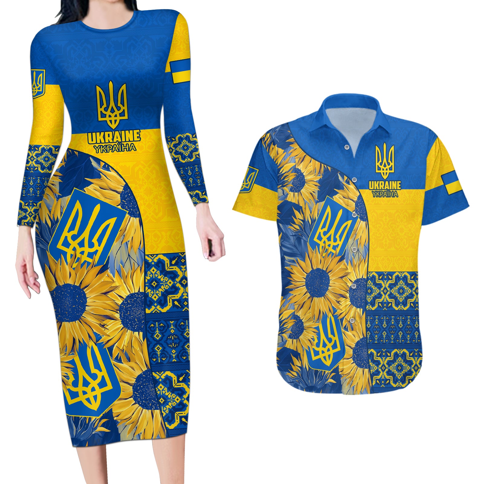 Ukraine Couples Matching Long Sleeve Bodycon Dress and Hawaiian Shirt Ukrainian Coat of Arms and Folk Sunflower LT9 - Wonder Print Shop