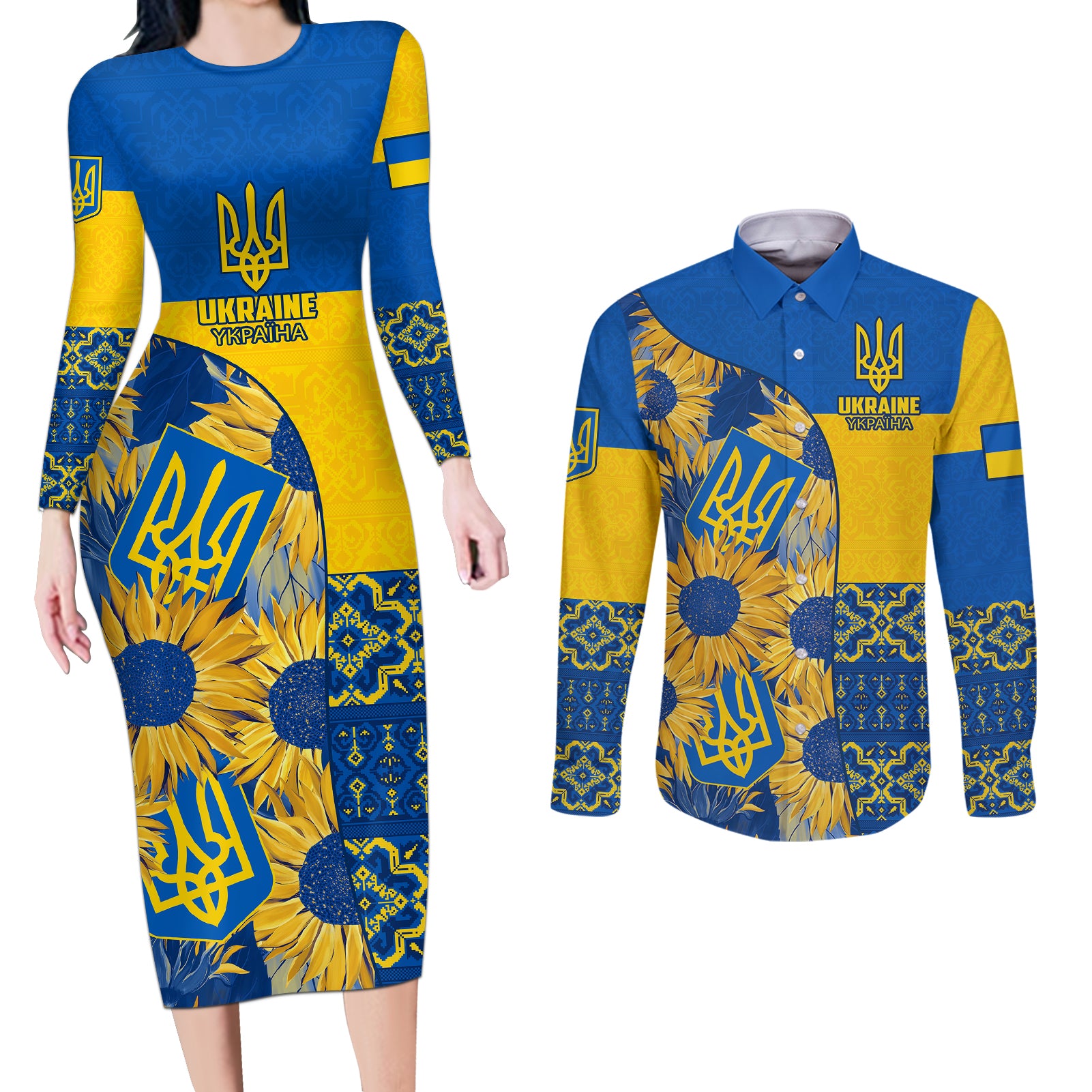 Ukraine Couples Matching Long Sleeve Bodycon Dress and Long Sleeve Button Shirts Ukrainian Coat of Arms and Folk Sunflower LT9 - Wonder Print Shop