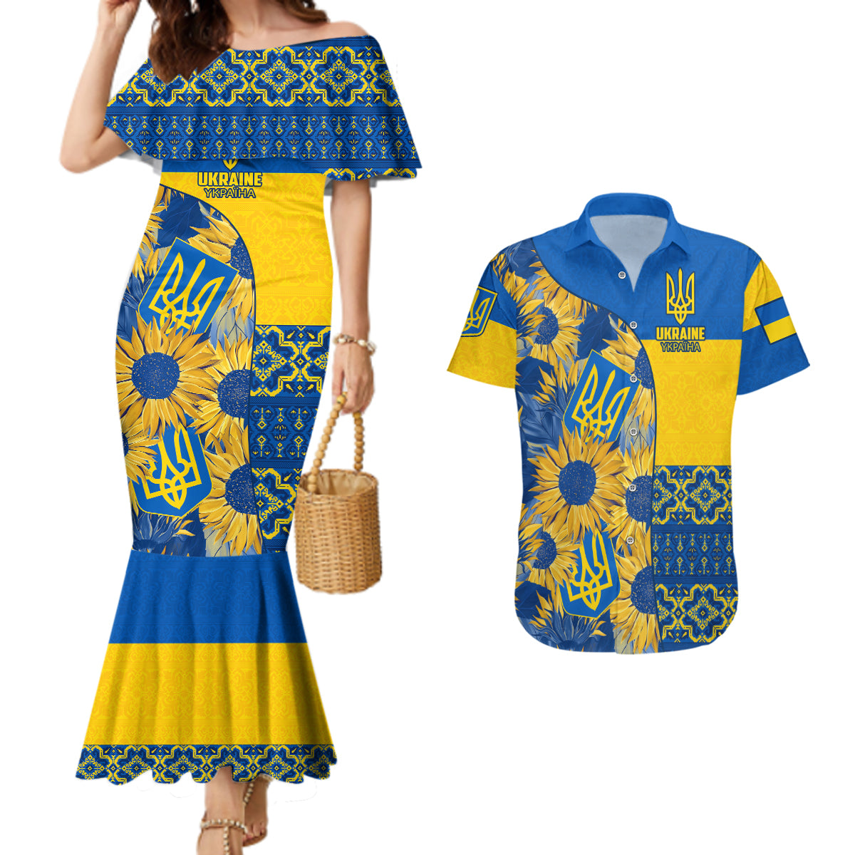 Ukraine Couples Matching Mermaid Dress And Hawaiian Shirt Ukrainian Coat of Arms and Folk Sunflower LT9 - Wonder Print Shop