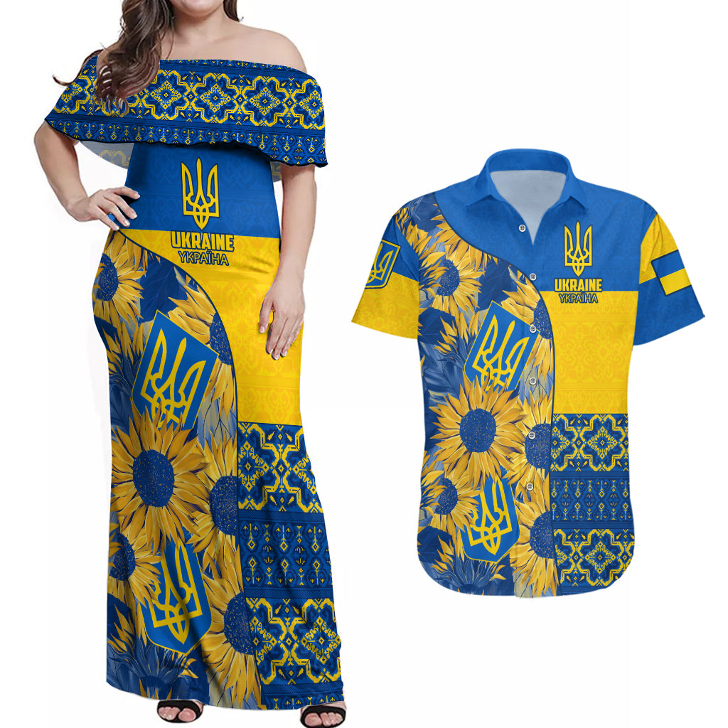 Ukraine Couples Matching Off Shoulder Maxi Dress and Hawaiian Shirt Ukrainian Coat of Arms and Folk Sunflower LT9 - Wonder Print Shop