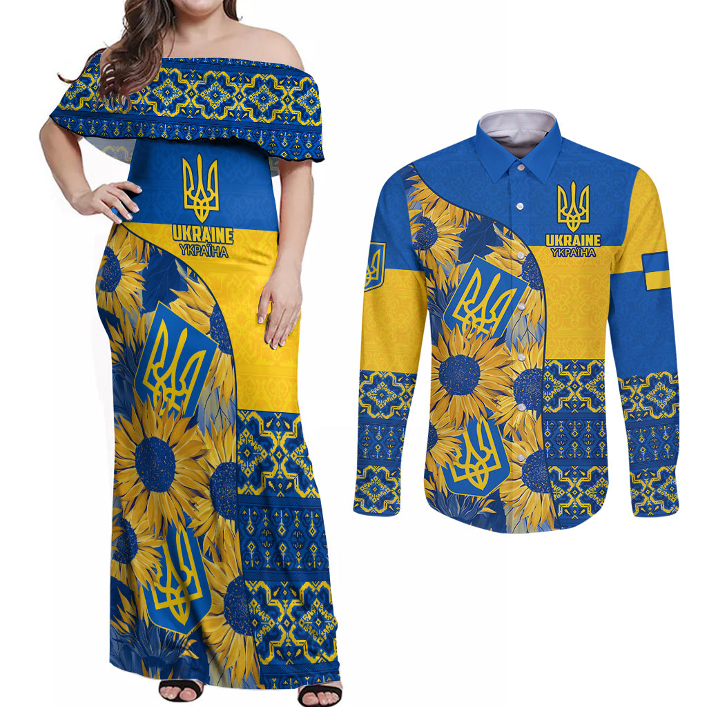 Ukraine Couples Matching Off Shoulder Maxi Dress and Long Sleeve Button Shirts Ukrainian Coat of Arms and Folk Sunflower LT9 - Wonder Print Shop