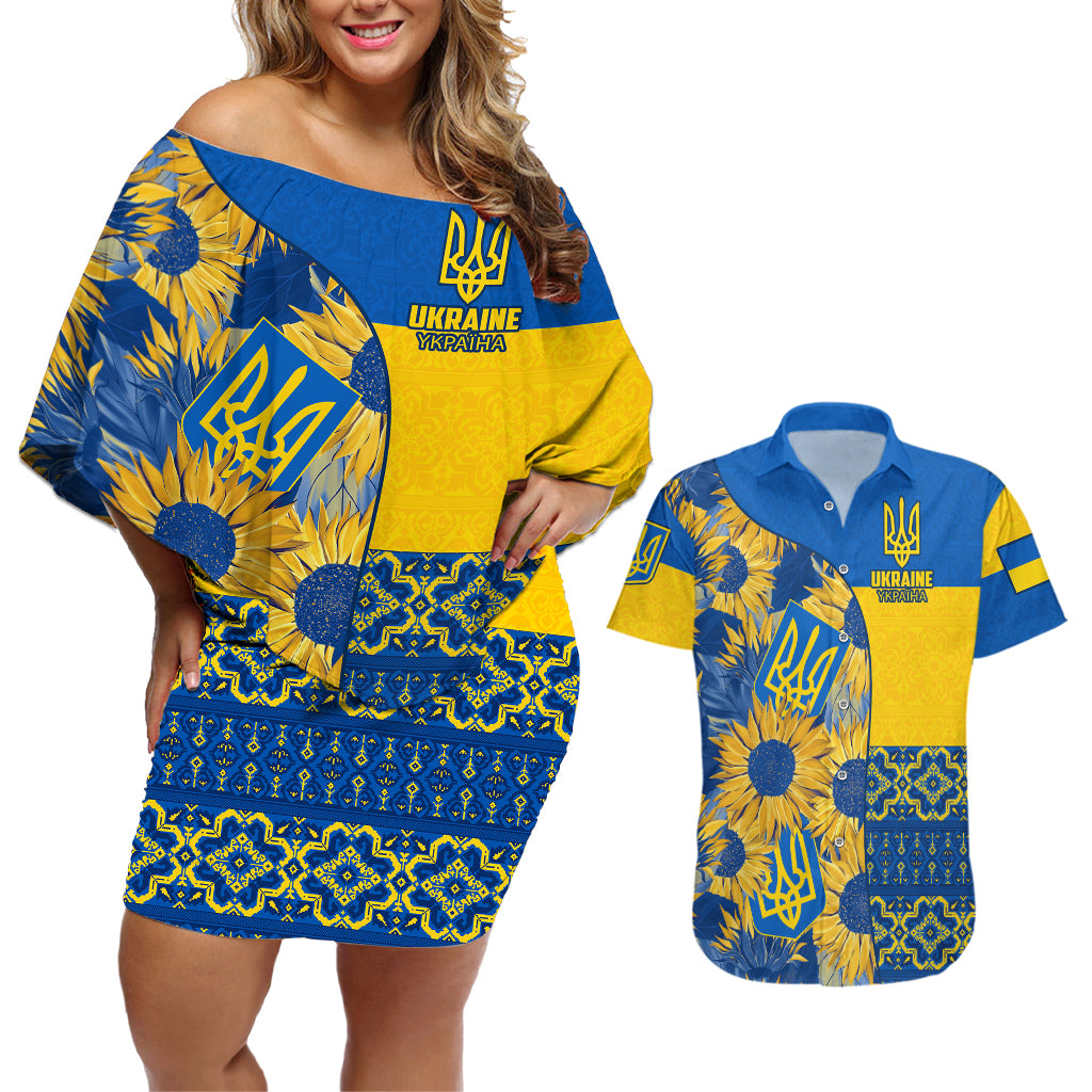 Ukraine Couples Matching Off Shoulder Short Dress and Hawaiian Shirt Ukrainian Coat of Arms and Folk Sunflower LT9 - Wonder Print Shop