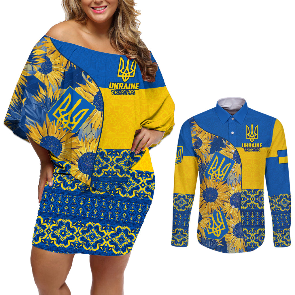 Ukraine Couples Matching Off Shoulder Short Dress and Long Sleeve Button Shirts Ukrainian Coat of Arms and Folk Sunflower LT9 - Wonder Print Shop