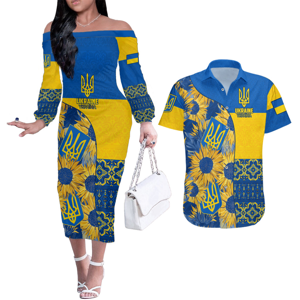 Ukraine Couples Matching Off The Shoulder Long Sleeve Dress and Hawaiian Shirt Ukrainian Coat of Arms and Folk Sunflower LT9 - Wonder Print Shop