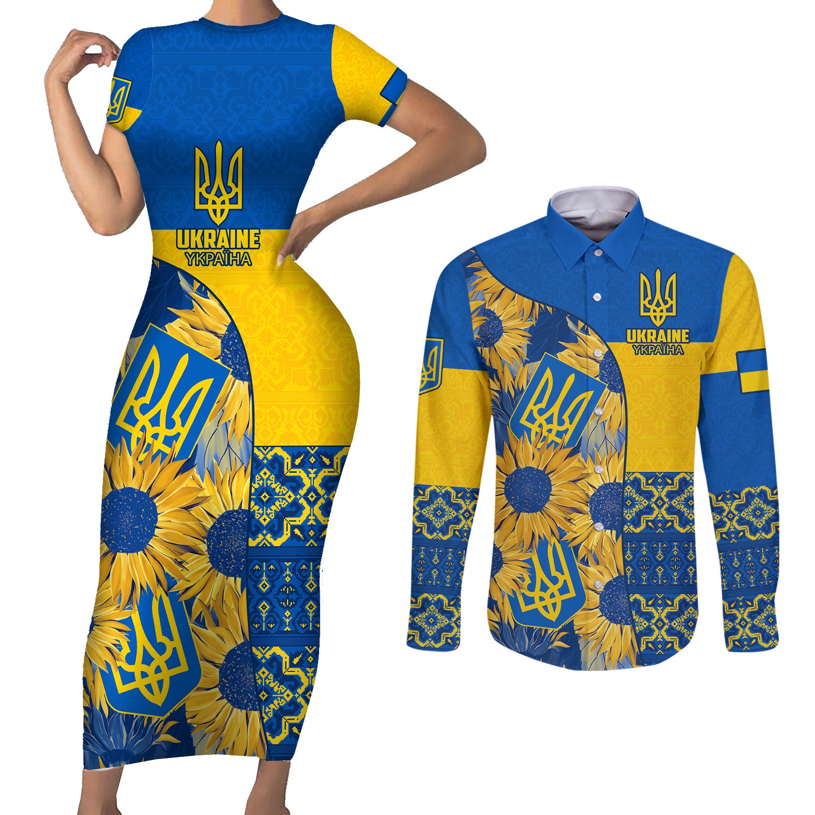 Ukraine Couples Matching Short Sleeve Bodycon Dress and Long Sleeve Button Shirts Ukrainian Coat of Arms and Folk Sunflower LT9 - Wonder Print Shop