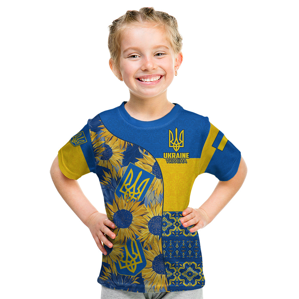 Ukraine Kid T Shirt Ukrainian Coat of Arms and Folk Sunflower - Wonder Print Shop