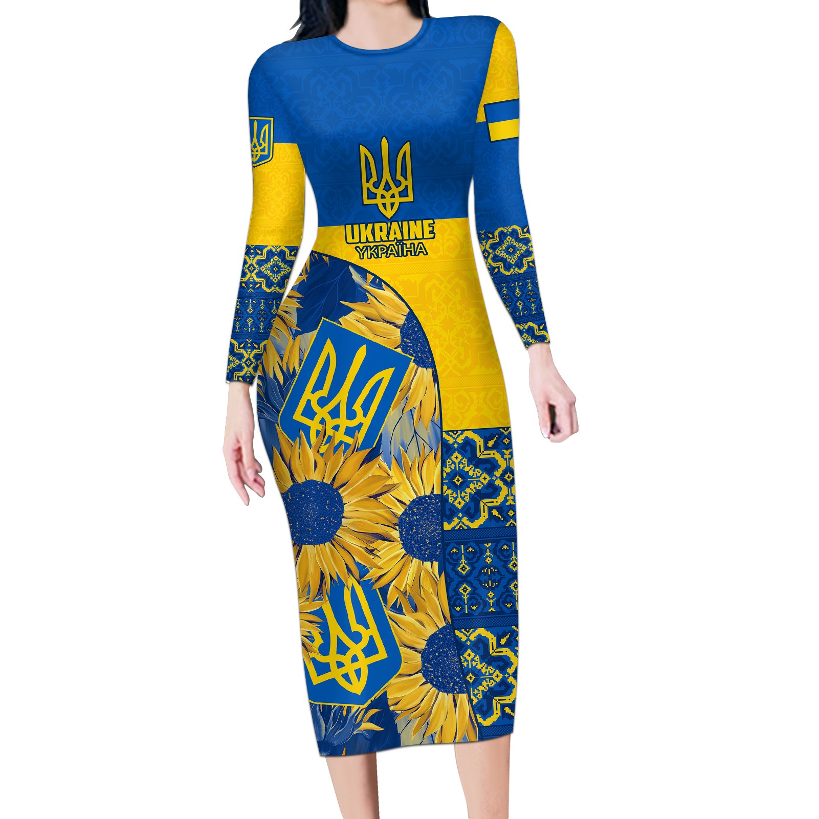 Ukraine Long Sleeve Bodycon Dress Ukrainian Coat of Arms and Folk Sunflower - Wonder Print Shop