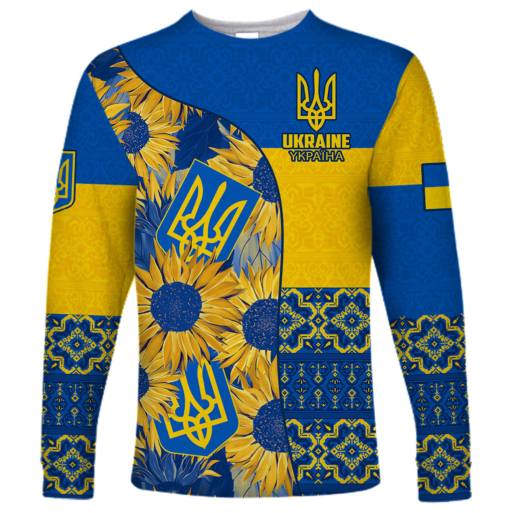 Unisex long sleeve shirt, blue and gold, front trident and sunflower folk print