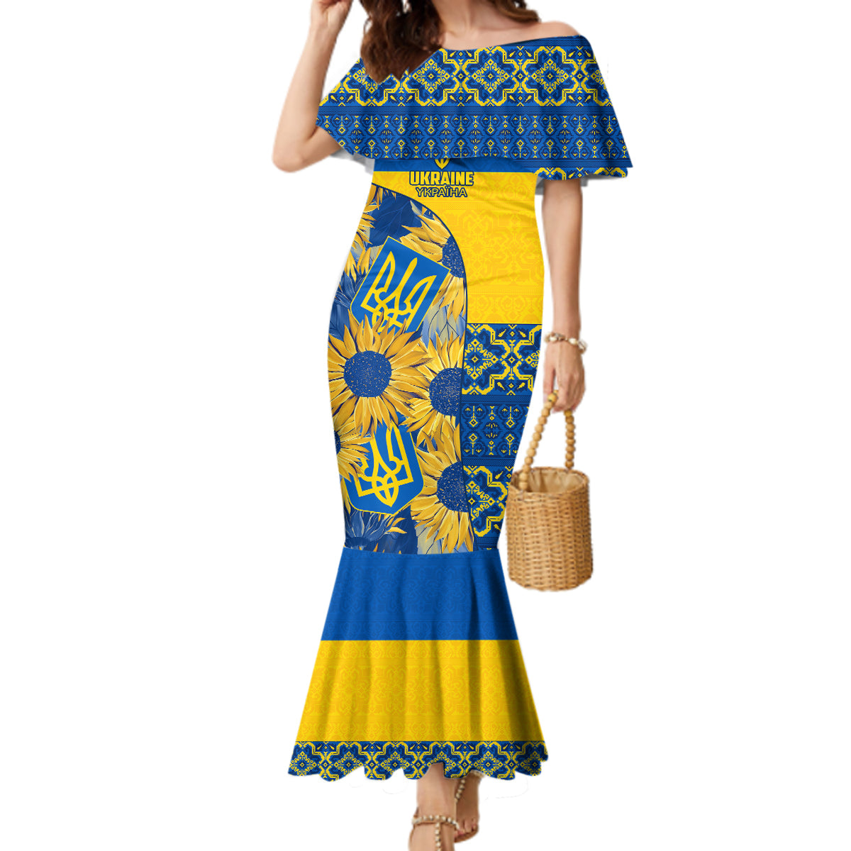 Ukraine Mermaid Dress Ukrainian Coat of Arms and Folk Sunflower - Wonder Print Shop