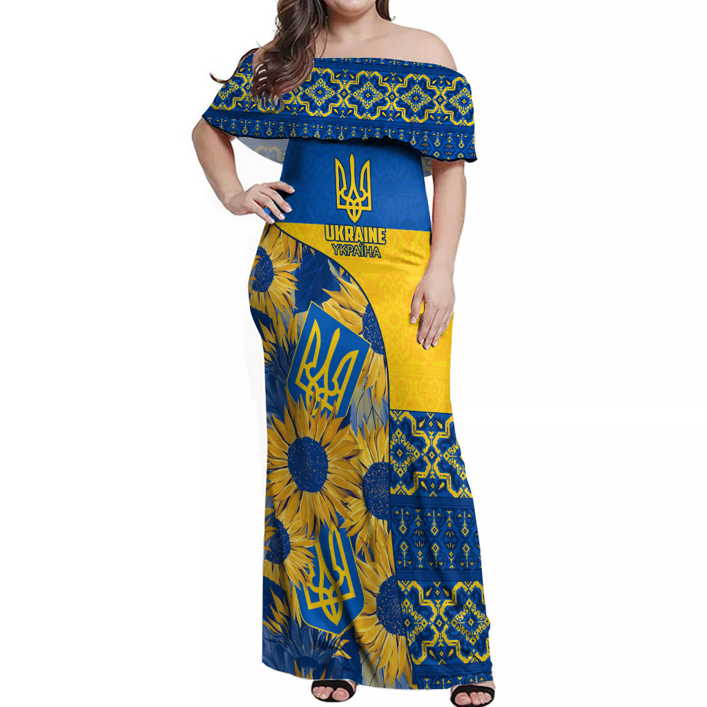 Ukraine Off Shoulder Maxi Dress Ukrainian Coat of Arms and Folk Sunflower - Wonder Print Shop