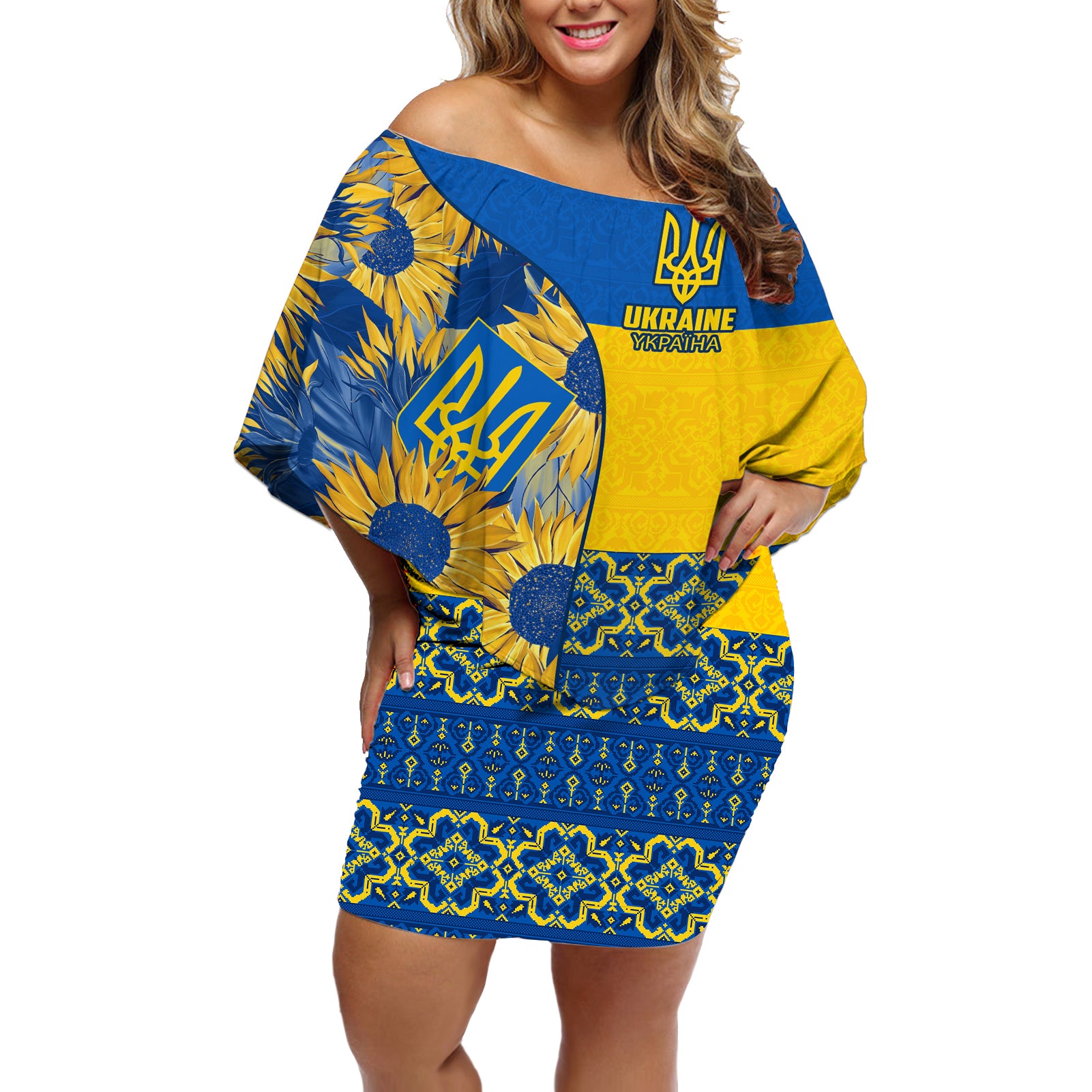 Ukraine Off Shoulder Short Dress Ukrainian Coat of Arms and Folk Sunflower - Wonder Print Shop