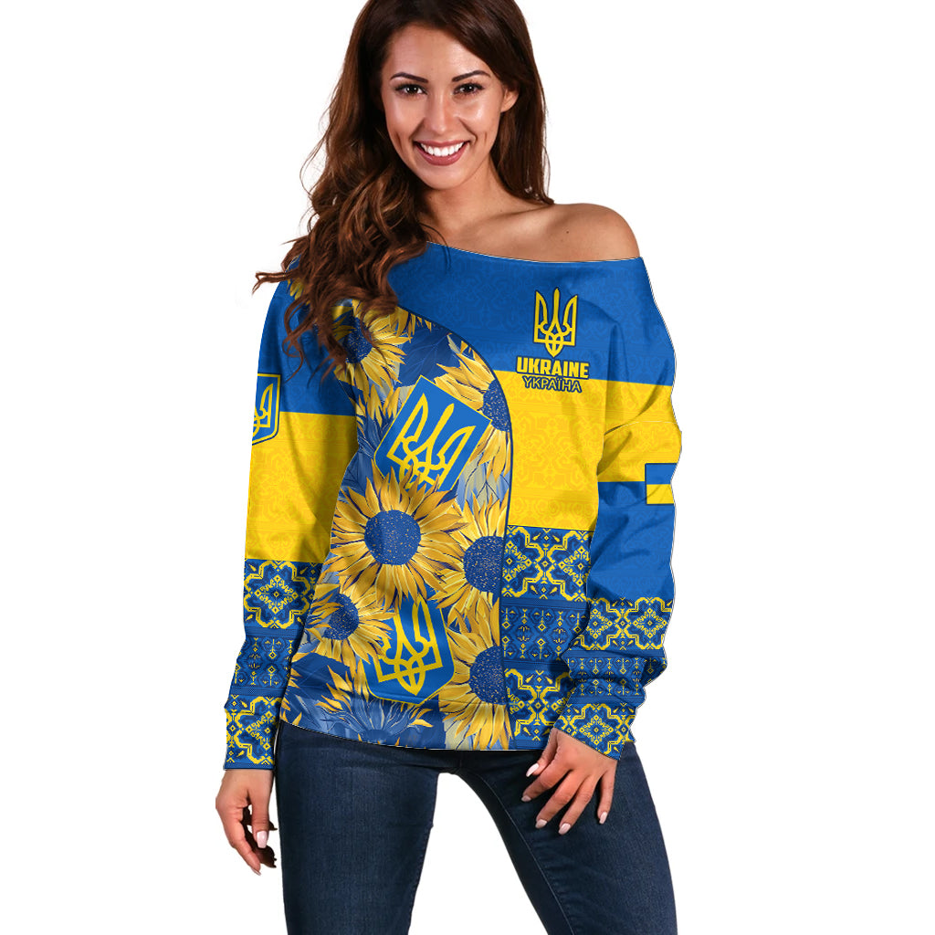 Ukraine Off Shoulder Sweater Ukrainian Coat of Arms and Folk Sunflower - Wonder Print Shop