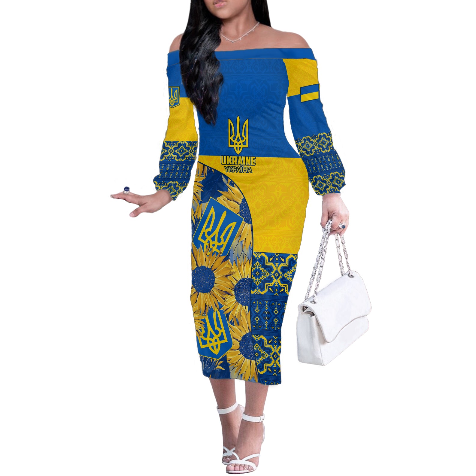 Ukraine Off The Shoulder Long Sleeve Dress Ukrainian Coat of Arms and Folk Sunflower - Wonder Print Shop