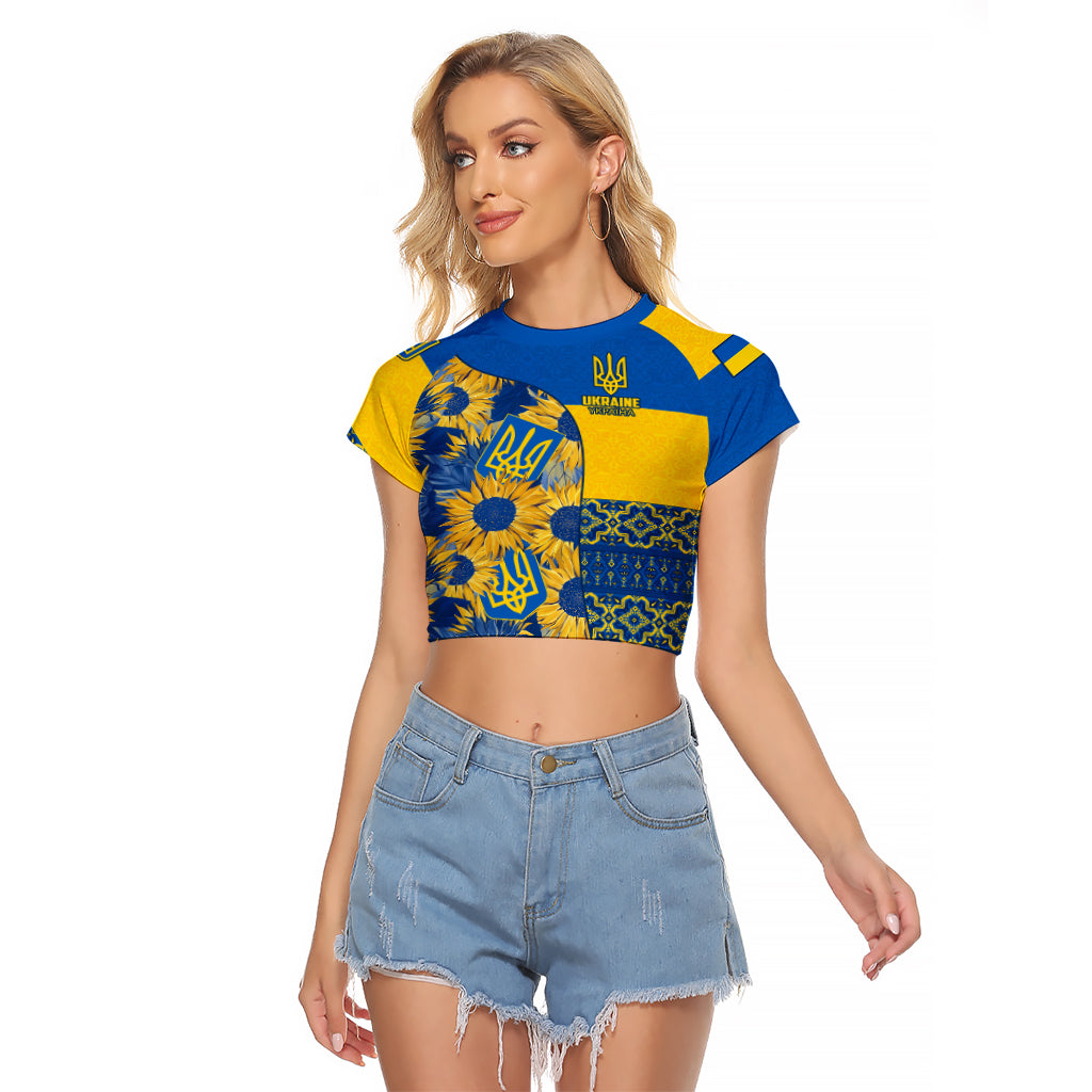 Ukraine Raglan Cropped T Shirt Ukrainian Coat of Arms and Folk Sunflower - Wonder Print Shop