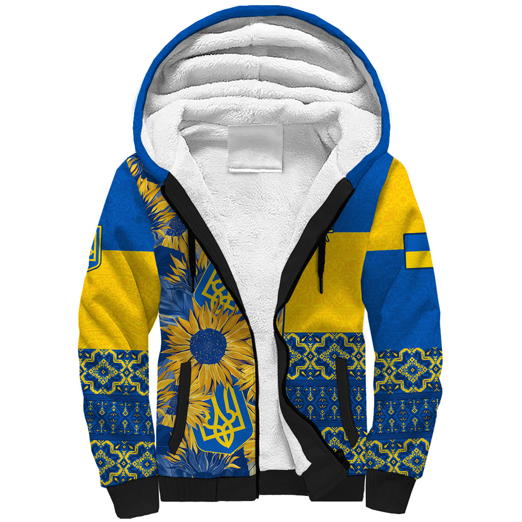 Ukraine Sherpa Hoodie Ukrainian Coat of Arms and Folk Sunflower - Wonder Print Shop