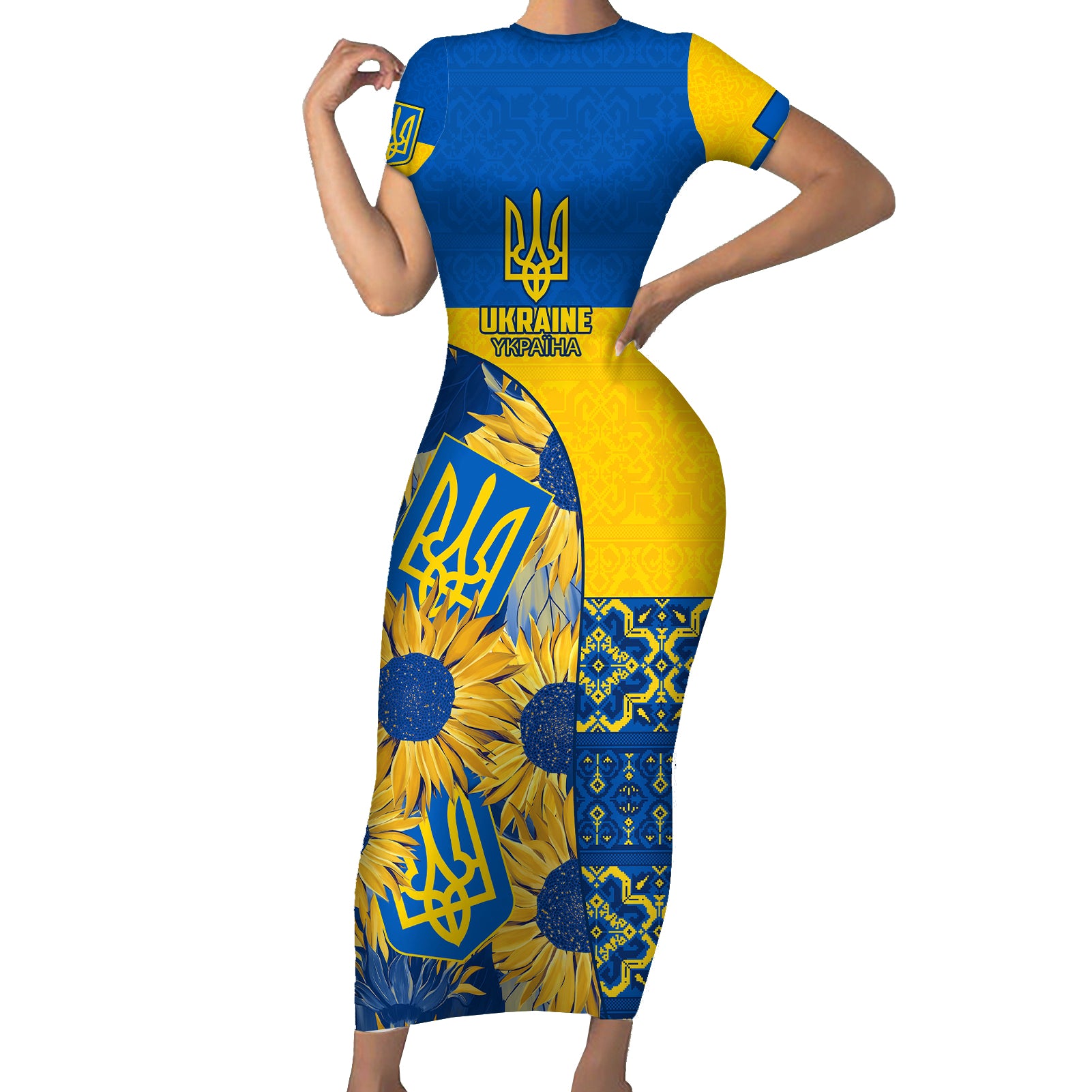 Ukraine Short Sleeve Bodycon Dress Ukrainian Coat of Arms and Folk Sunflower - Wonder Print Shop