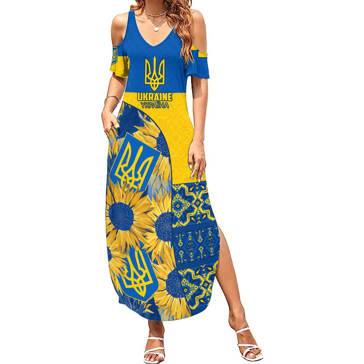 Ukraine Summer Maxi Dress Ukrainian Coat of Arms and Folk Sunflower - Wonder Print Shop