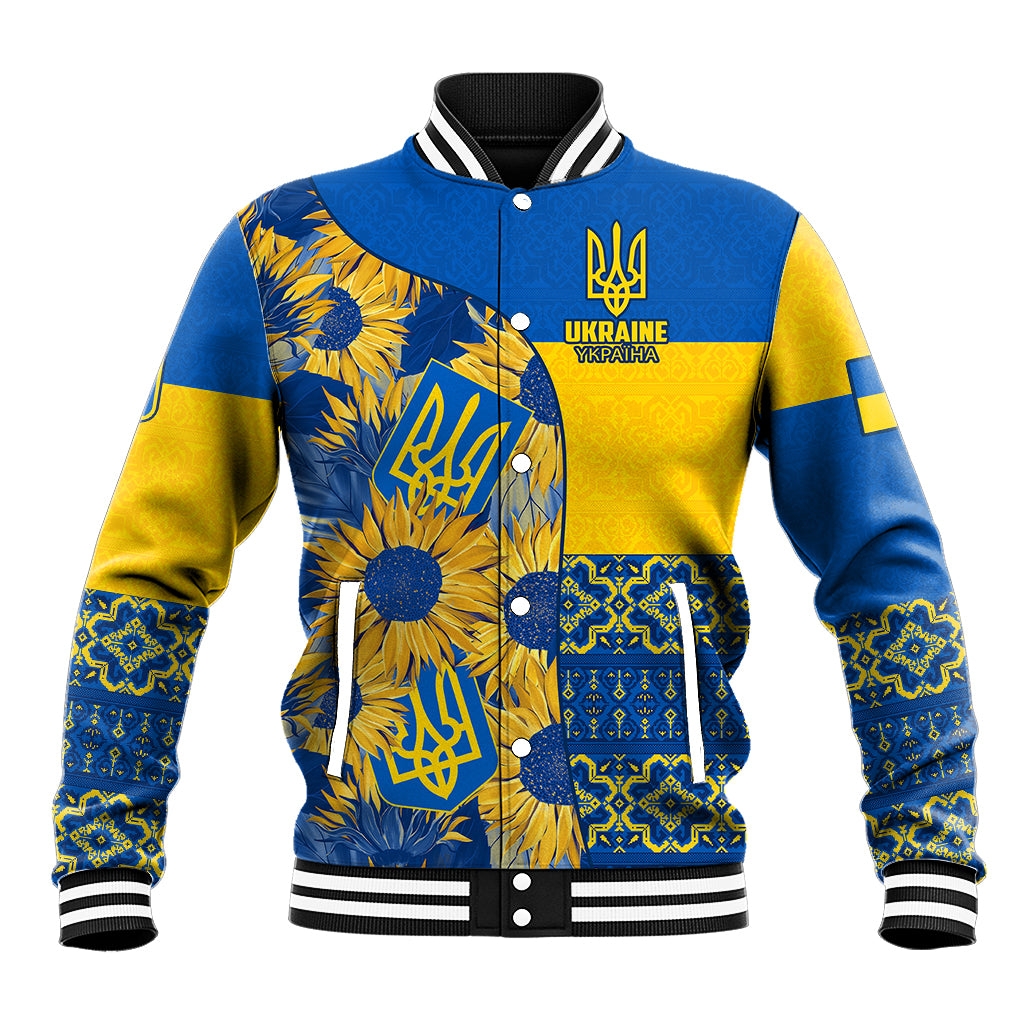 Unisex blue and gold baseball jacket with sunflower and Ukrainian trident graphic, snap front