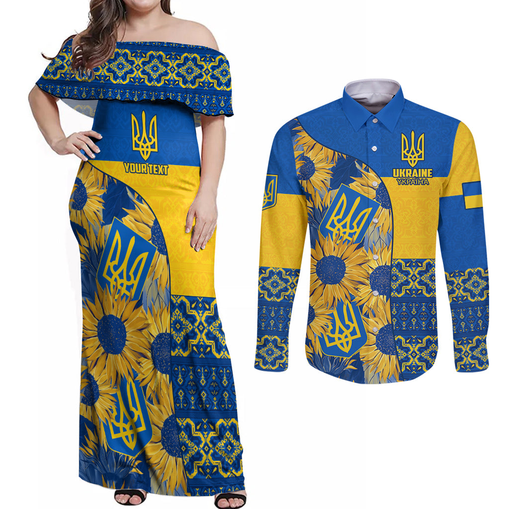 Personalised Ukraine Couples Matching Off Shoulder Maxi Dress and Long Sleeve Button Shirts Ukrainian Coat of Arms and Folk Sunflower LT9 - Wonder Print Shop