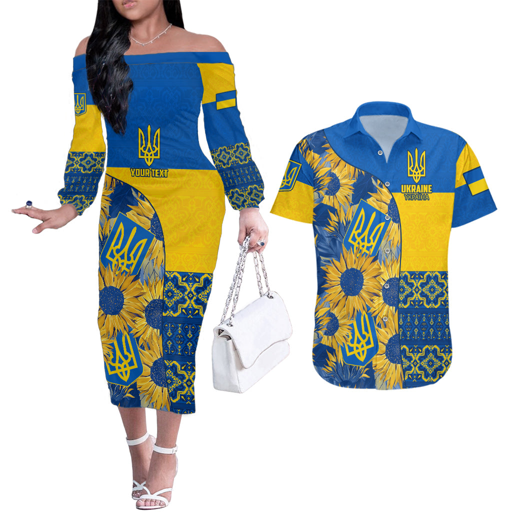 Personalised Ukraine Couples Matching Off The Shoulder Long Sleeve Dress and Hawaiian Shirt Ukrainian Coat of Arms and Folk Sunflower LT9 - Wonder Print Shop