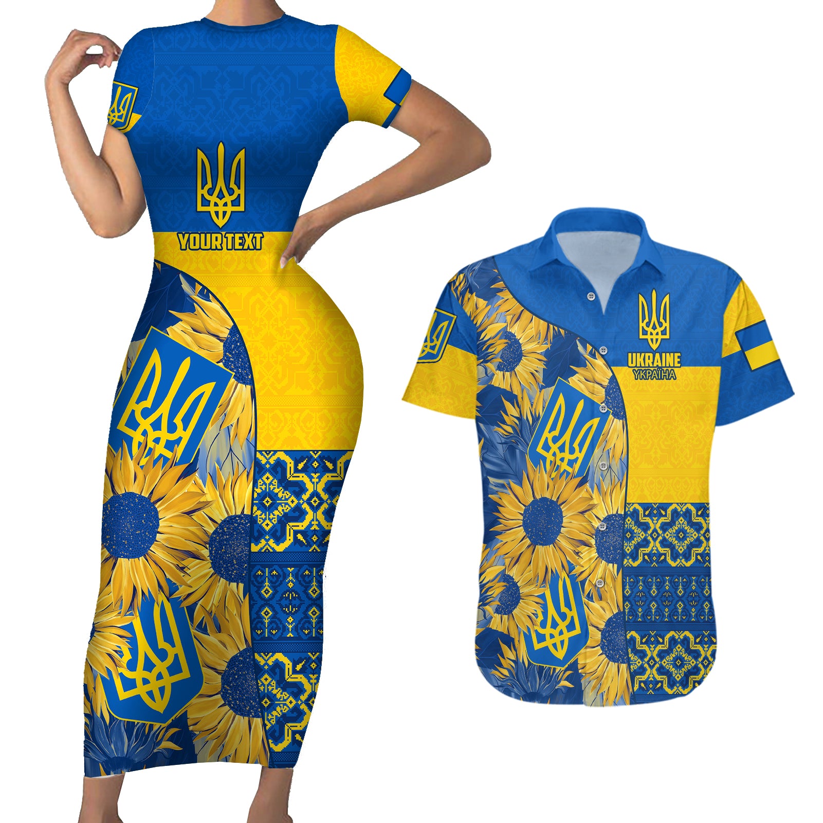 Personalised Ukraine Couples Matching Short Sleeve Bodycon Dress and Hawaiian Shirt Ukrainian Coat of Arms and Folk Sunflower LT9 - Wonder Print Shop