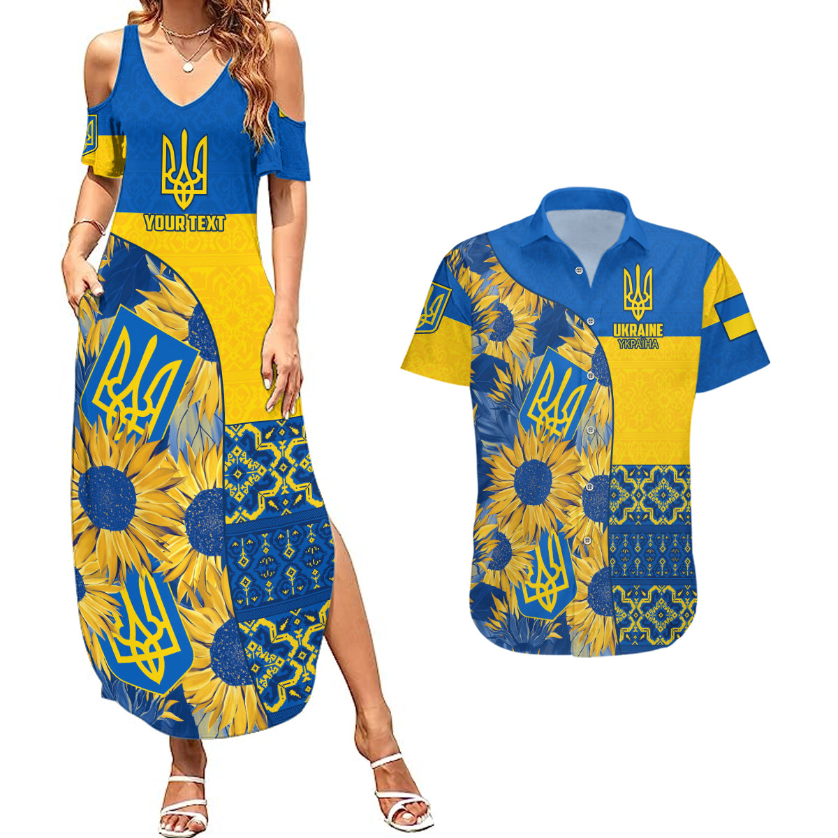 Personalised Ukraine Couples Matching Summer Maxi Dress and Hawaiian Shirt Ukrainian Coat of Arms and Folk Sunflower LT9 - Wonder Print Shop