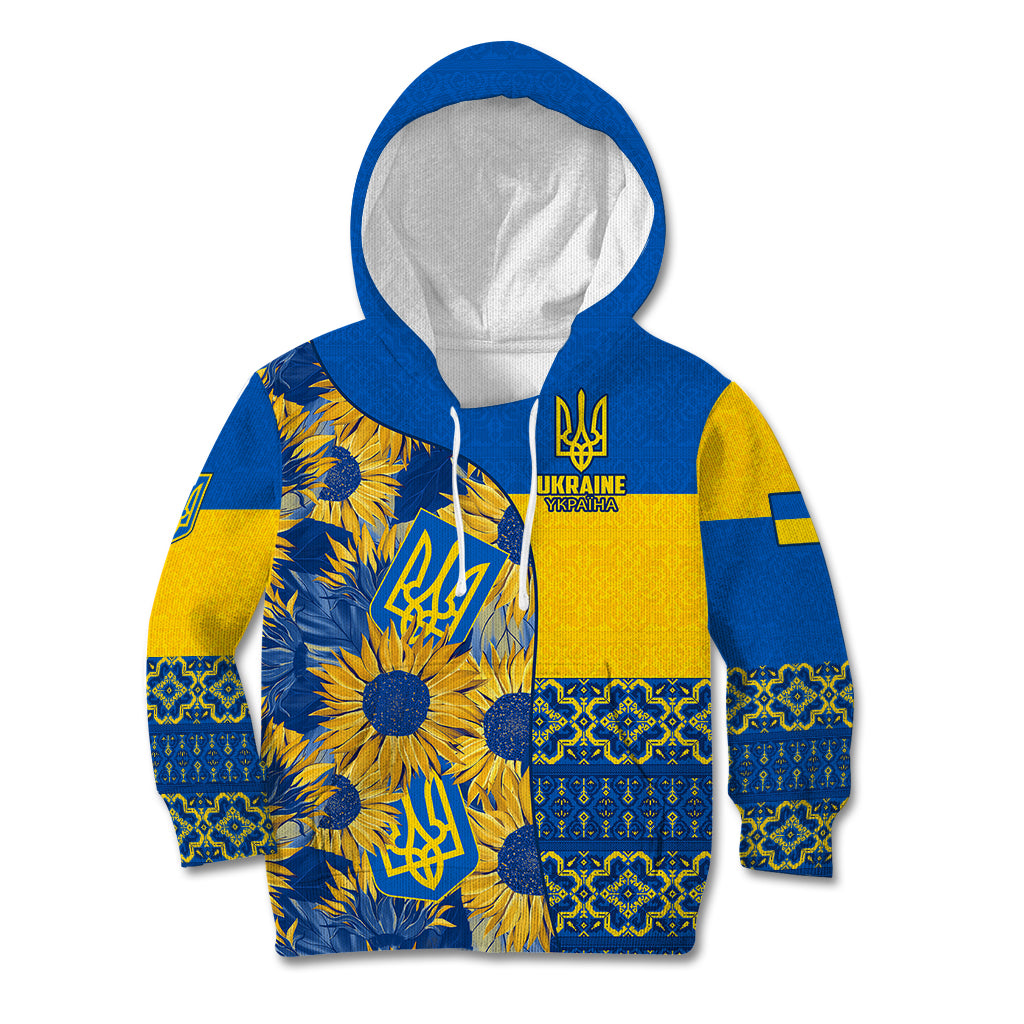 Personalised Ukraine Kid Hoodie Ukrainian Coat of Arms and Folk Sunflower - Wonder Print Shop