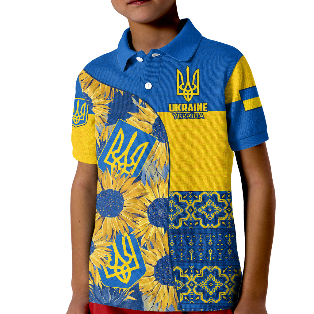 Personalised Ukraine Kid Polo Shirt Ukrainian Coat of Arms and Folk Sunflower - Wonder Print Shop