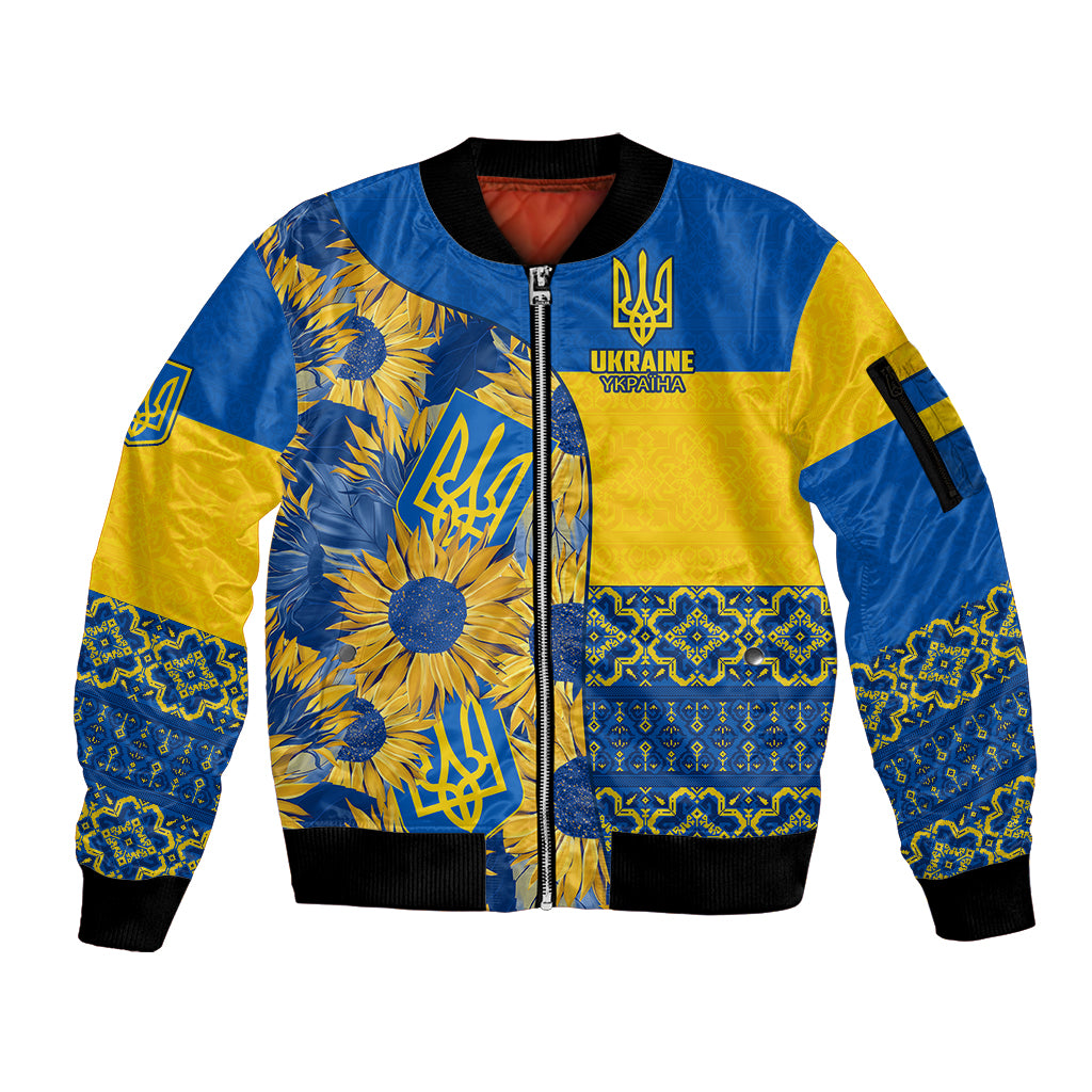 Personalised Ukraine Sleeve Zip Bomber Jacket Ukrainian Coat of Arms and Folk Sunflower - Wonder Print Shop