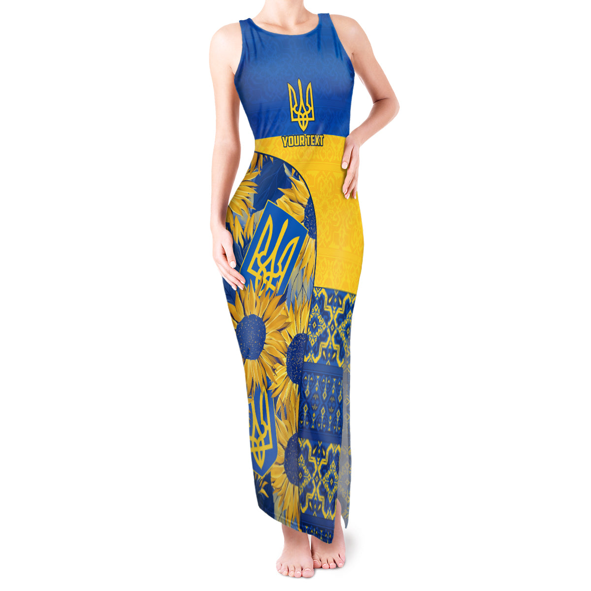 personalised-ukraine-tank-maxi-dress-ukrainian-coat-of-arms-and-folk-sunflower