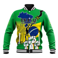 Unisex green baseball jacket with striped ribbed collar and Brazil Independence graphic
