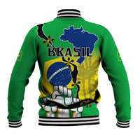 Unisex green baseball jacket with striped ribbed back collar and Brazil Independence graphic