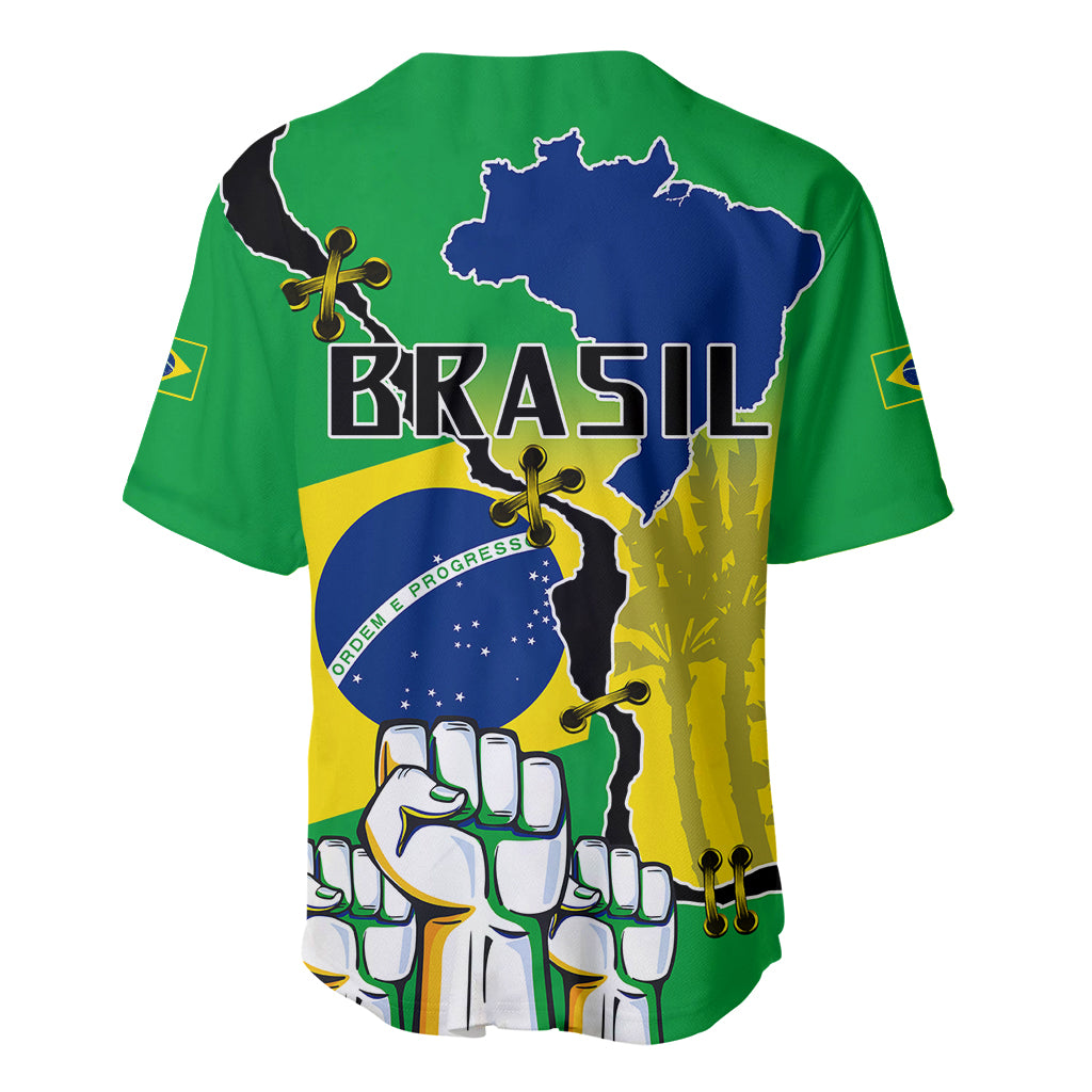 Green baseball jersey with BRAZIL text, Brazil map, and Independence Day design