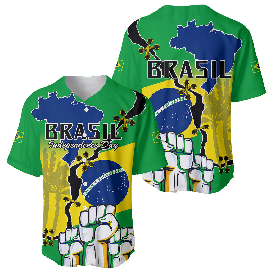 Two green Brazil Independence Day baseball jerseys with BRAZIL map and graphic