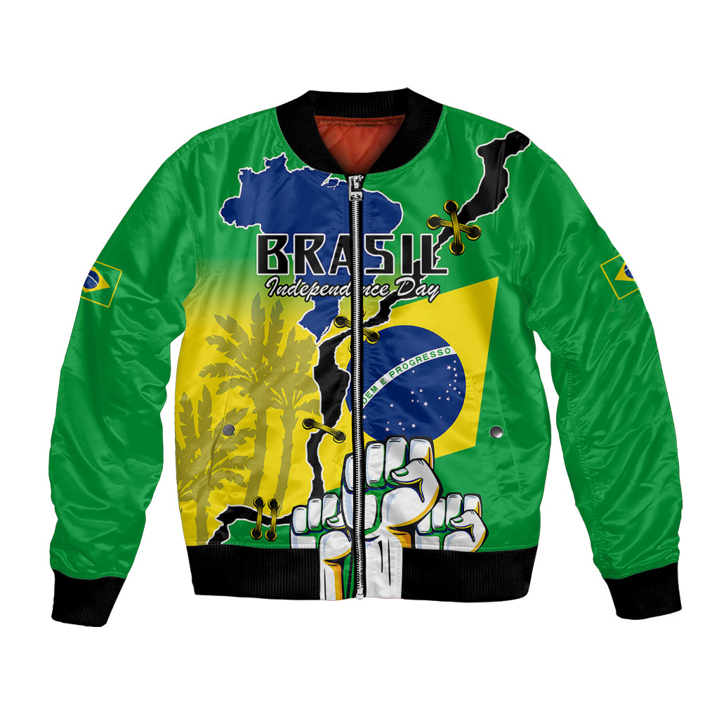 Green unisex bomber jacket with front zipper and Brazil Independence Day graphic panel
