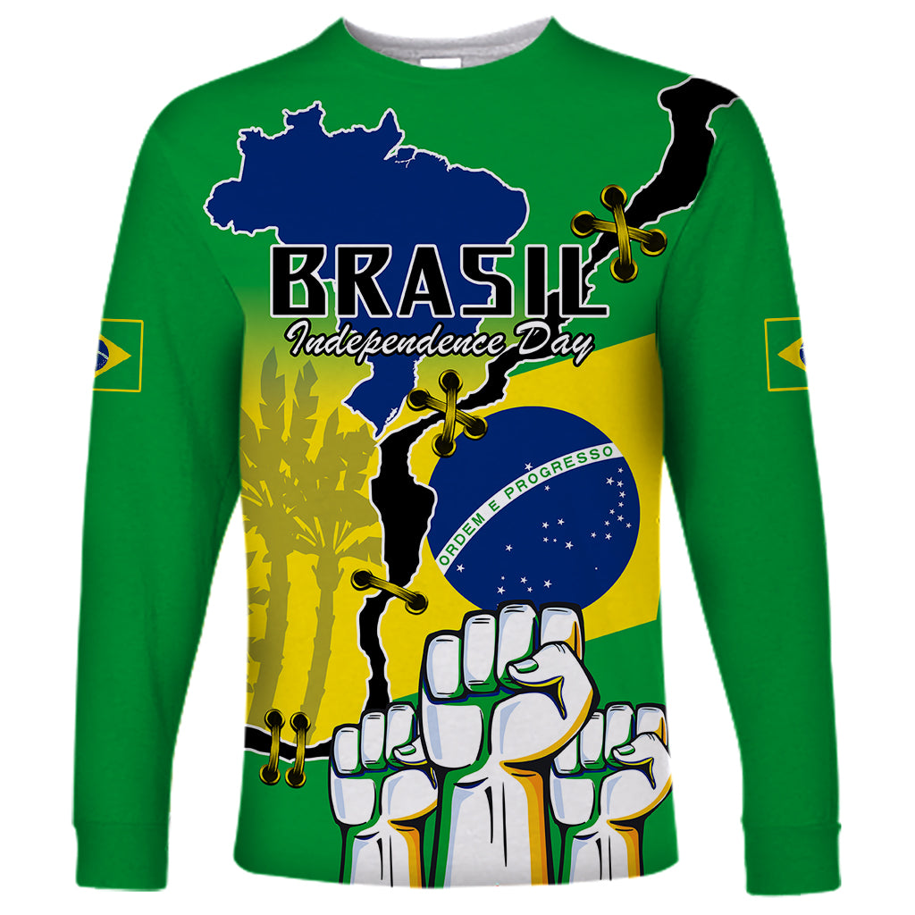 Green unisex long-sleeve shirt with BRASIL graphic, Brazil map, flag and fists print