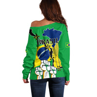 Green off-shoulder sweater with Brazil Independence Day graphic back view